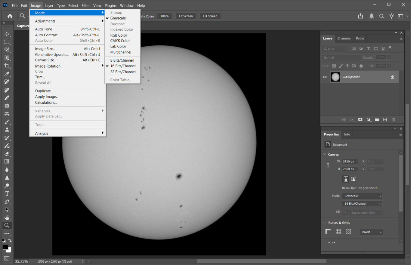 Screenshot of a digital editing software with a solar image and menu options displayed.